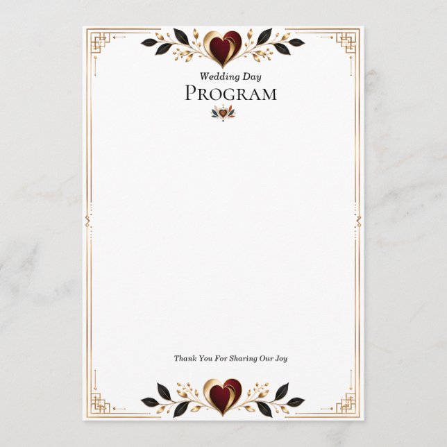 Elegant Gold and Burgundy Heart Wedding Program (Front)