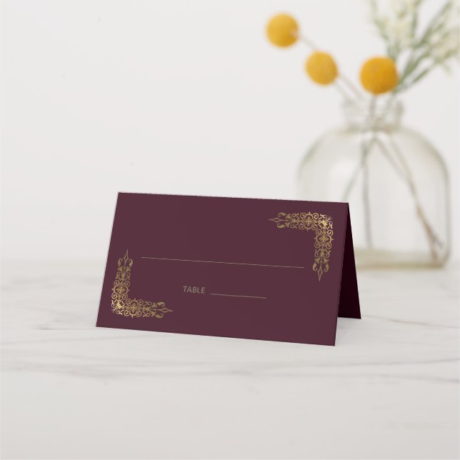 Elegant Gold and Burgundy Lace Wedding Place Card (Front)