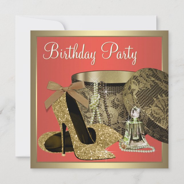 Elegant Gold and Coral Guava Birthday Party Invitation (Front)