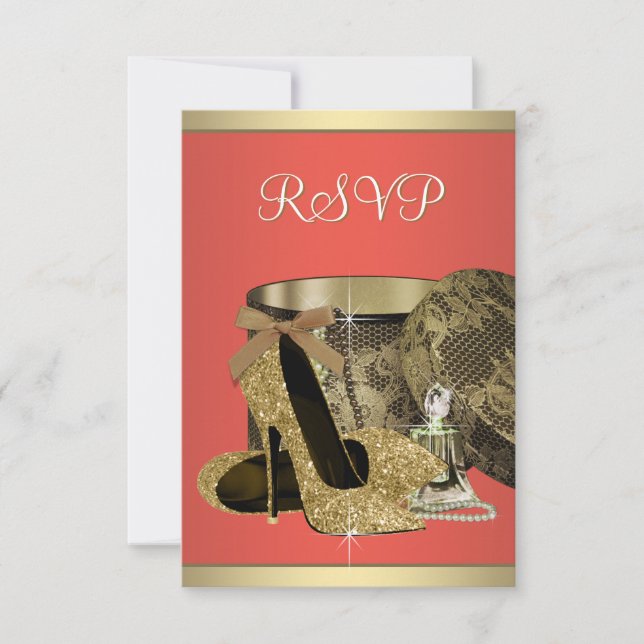 Elegant Gold and Coral Guava Birthday Party RSVP (Front)