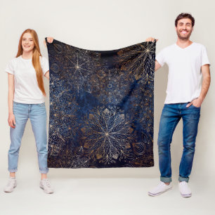 Elegant Gold and Dark Blue Floral Mandala Pattern Fleece Blanket