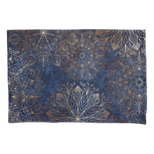 Elegant Gold and Dark Blue Floral Mandala Pattern Pillowcase