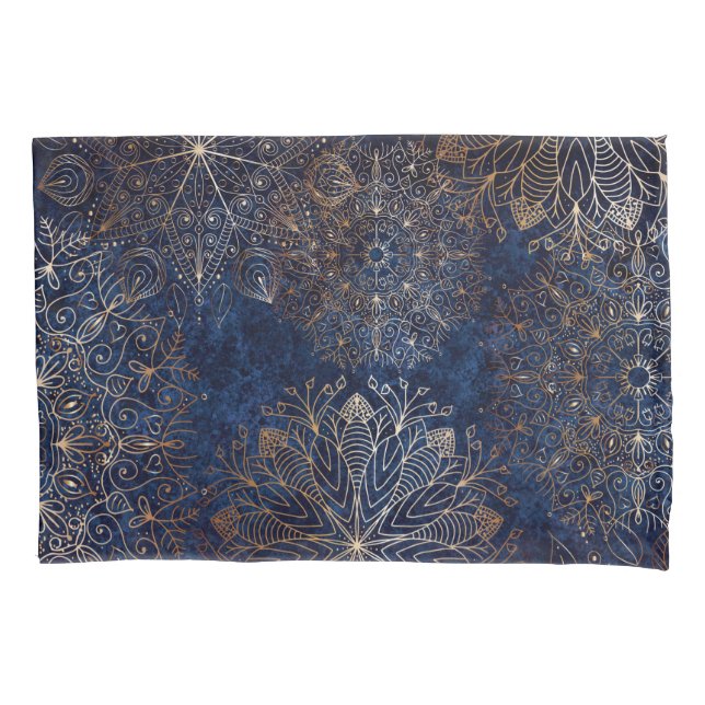 Elegant Gold and Dark Blue Floral Mandala Pattern  Pillowcase (Front-Left)