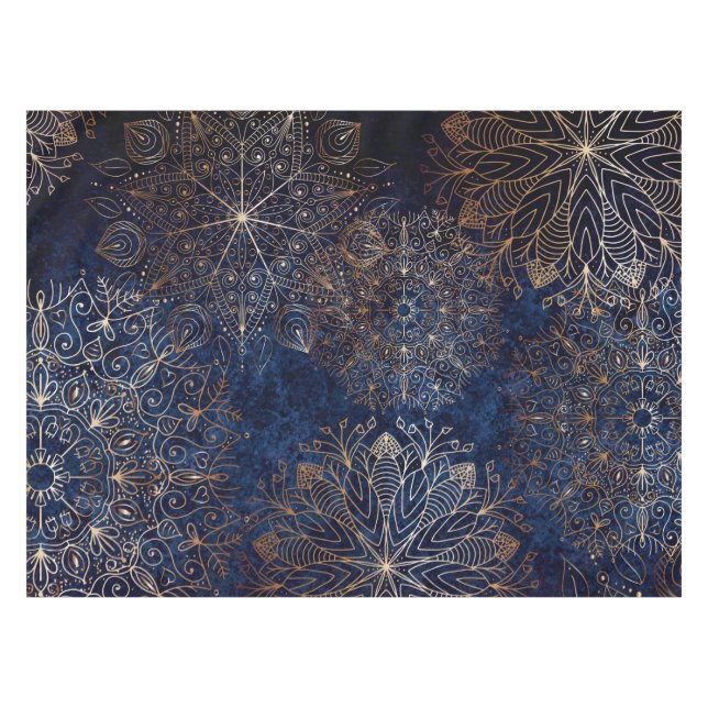 Elegant Gold and Dark Blue Floral Mandala Pattern Tablecloth (Front (Horizontal))