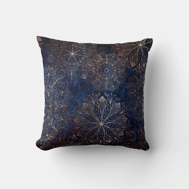 Elegant Gold and Dark Blue Floral Mandala Pattern Throw Pillow (Front)