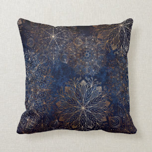 Elegant Gold and Dark Blue Floral Mandala Pattern Throw Pillow