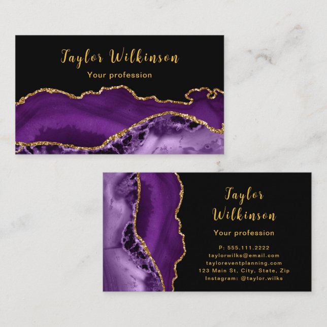 Elegant Gold and Dark Purple Agate Business Card (Front/Back)