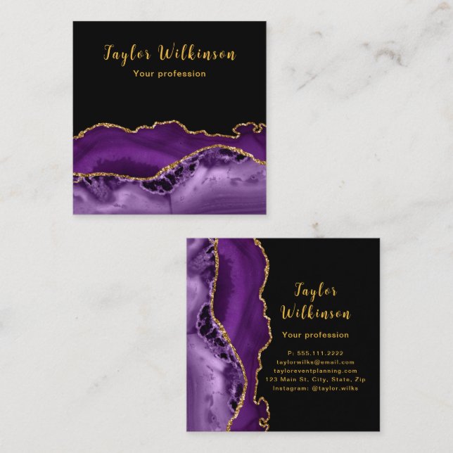 Elegant Gold and Dark Purple Agate Square Business Card (Front/Back)