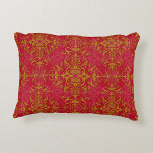Elegant Gold and Deep Pink Floral Damask Pattern Decorative Pillow