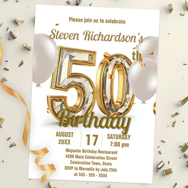 Elegant Gold and Diamond 50th Birthday Celebration Invitation (Creator Uploaded)