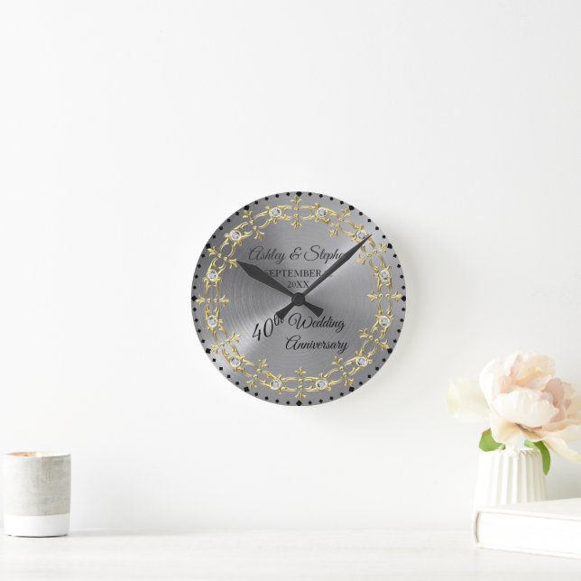 Elegant Gold And Diamonds 40th Wedding Anniversary Round Clock (Home)