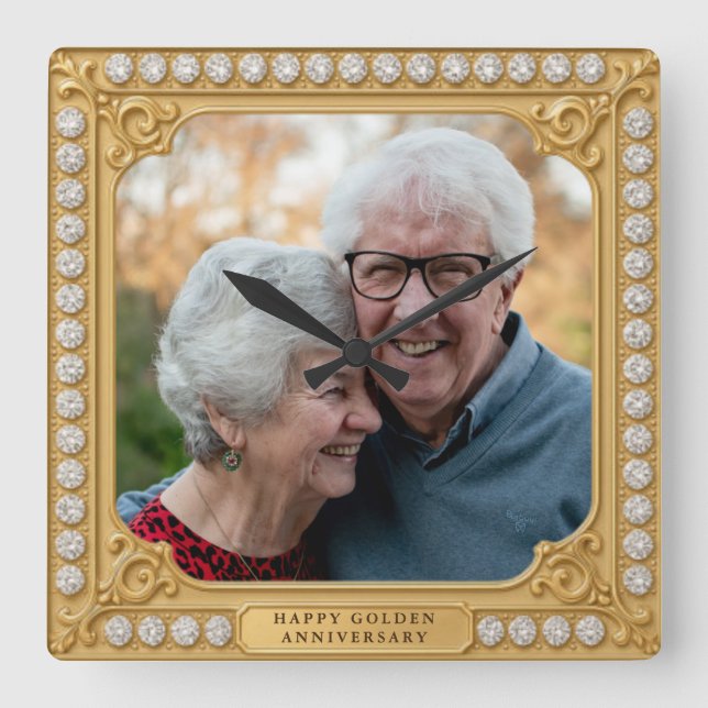  Elegant Gold And Diamonds 50th Anniversary Photo Square Wall Clock (Front)