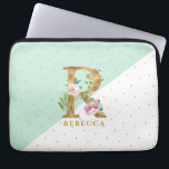 Elegant gold and flowers lettering R for Rebecca Laptop Sleeve<br><div class="desc">Elegant golden letter R with pink floral bouquet accents. Light green and white geometric background.
R is for Rebbeca or any other name starting with a letter R. Actual text for the name is customizable.
All letters are avail;able be email request.</div>