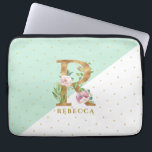 Elegant gold and flowers lettering R for Rebecca Laptop Sleeve<br><div class="desc">Elegant golden letter R with pink floral bouquet accents. Light green and white geometric background.
R is for Rebbeca or any other name starting with a letter R. Actual text for the name is customizable.
All letters are avail;able be email request.</div>