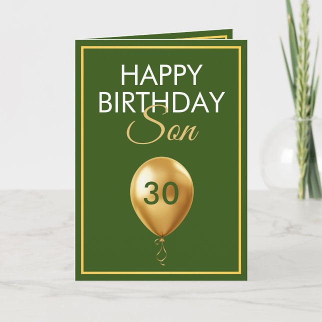 Elegant Gold and Green Balloon Son 30th Birthday Card (Front)