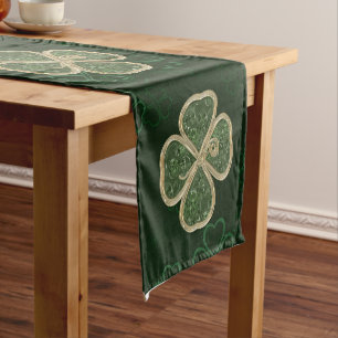 Elegant Gold and Green Clover Brooch Short Table Runner