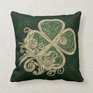 Elegant Gold and Green Clover Brooch Throw Pillow