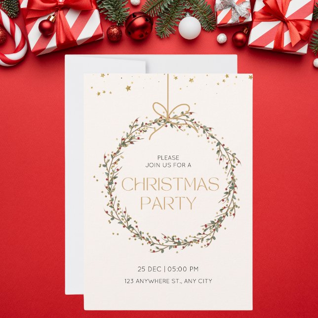 Elegant Gold and Green Floral Christmas Party Invitation (Creator Uploaded)