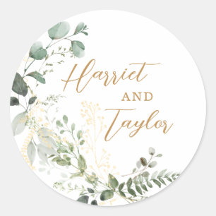 Elegant Gold and Greenery Eucalyptus Wedding Classic Round Sticker