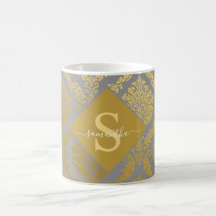 Elegant Gold and Grey Damask Personalized  Coffee Mug