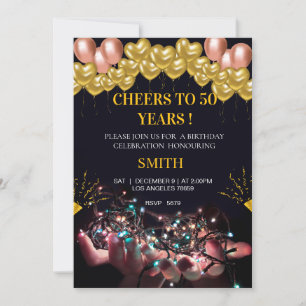 Elegant Gold and Heart Balloons 50th birthday Invitation