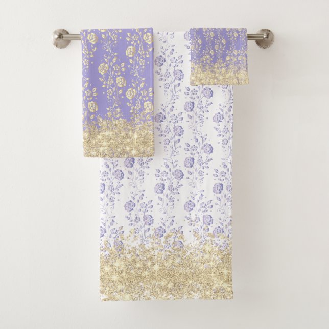 Elegant Gold and Lavender Floral      Bath Towel Set (Insitu)