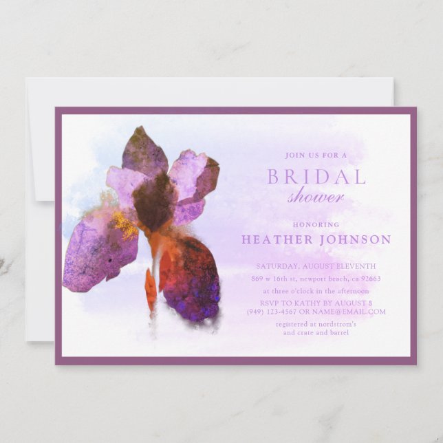 Elegant Gold and Lilac Iris Floral Bridal Shower Invitation (Front)