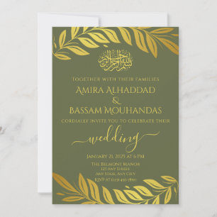 Elegant Gold and Moss Green Islamic Wedding Invitation