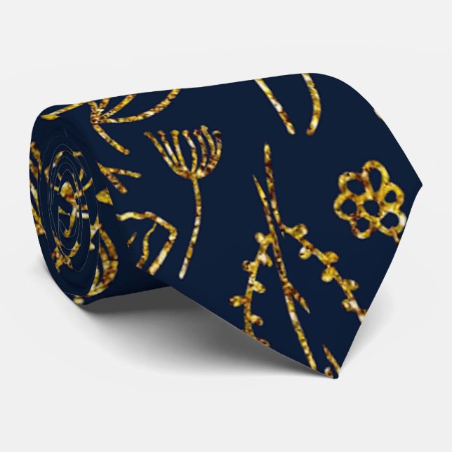 Elegant Gold and Navy Blue Abstract Tie (Rolled)