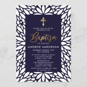 Elegant Gold And Navy Blue Boy Baptism Invitation
