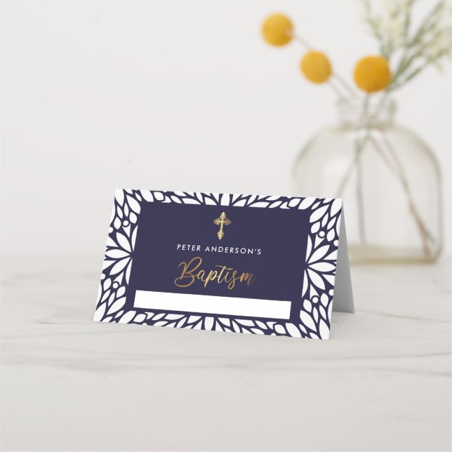 Elegant Gold And Navy Blue Boy Baptism Place Card (Front)