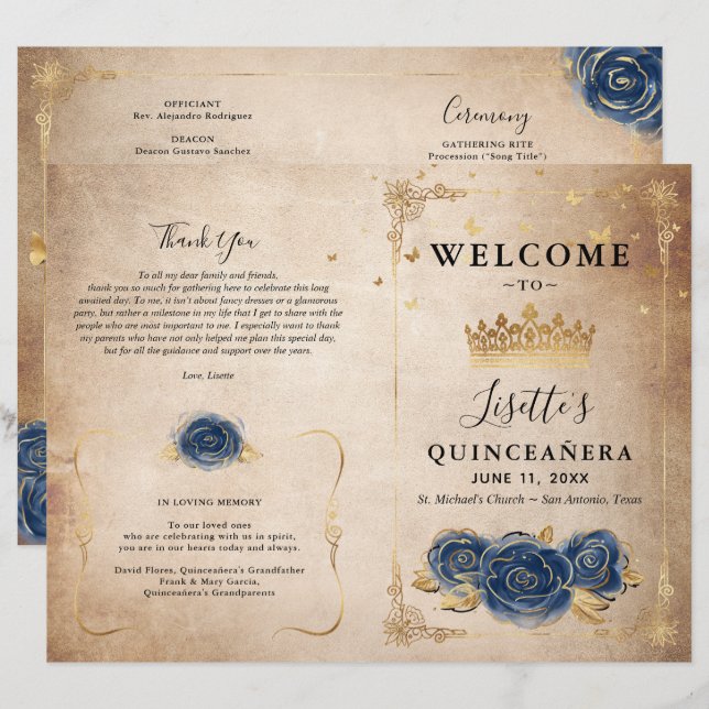 Elegant Gold and Navy Blue Quinceanera Program (Front/Back)