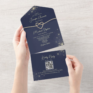 Elegant Gold and Navy Blue Wedding All In One Invitation