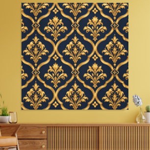 Elegant Gold and Navy Damask Vintage Motif Design Canvas Print