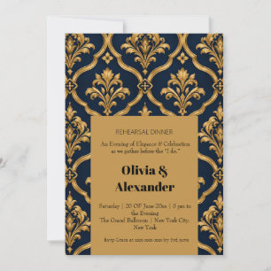 Elegant Gold and Navy Damask Vintage Motif Design Invitation