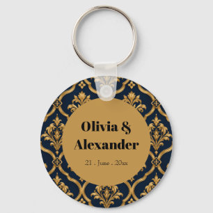 Elegant Gold and Navy Damask Vintage Motif Design Keychain
