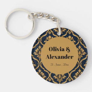 Elegant Gold and Navy Damask Vintage Motif Design Keychain