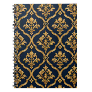 Elegant Gold and Navy Damask Vintage Motif Design Notebook
