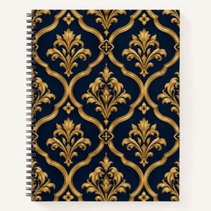 Elegant Gold and Navy Damask Vintage Motif Design Notebook