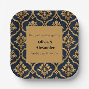 Elegant Gold and Navy Damask Vintage Motif Design Paper Plate