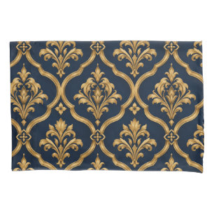 Elegant Gold and Navy Damask Vintage Motif Design Pillowcase