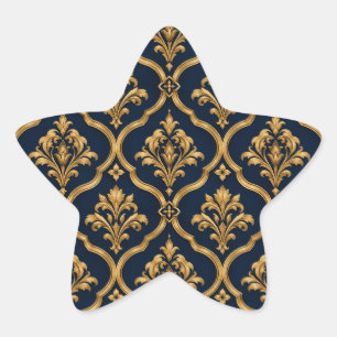 Elegant Gold and Navy Damask Vintage Motif Design Star Sticker