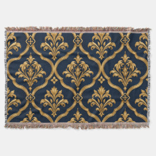 Elegant Gold and Navy Damask Vintage Motif Design Throw Blanket