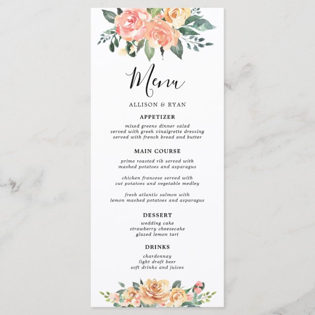 Elegant Gold and Peach Floral Wedding Menus (Front)
