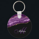 elegant gold and purple agate monogram keychain<br><div class="desc">Elegant monogram and editable script with personalized name on gold and purple girly agate.</div>