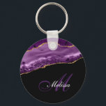 elegant gold and purple agate monogram keychain<br><div class="desc">Elegant monogram and editable script with personalized name on gold and purple girly agate.</div>