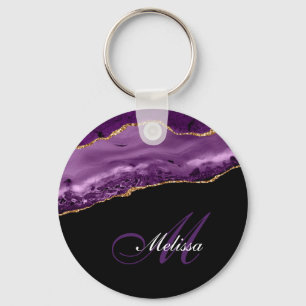elegant gold and purple agate monogram keychain