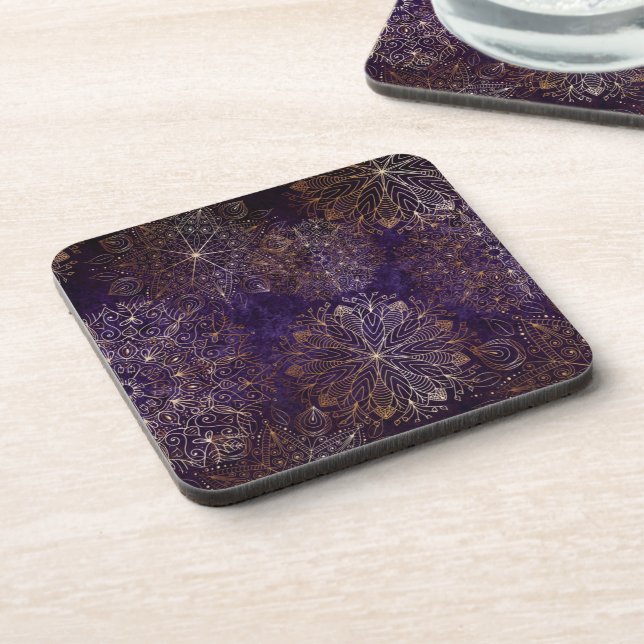 Elegant Gold and Purple Floral Mandala Pattern Coaster (Left Side)