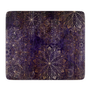 Elegant Gold and Purple Floral Mandala Pattern Cutting Board