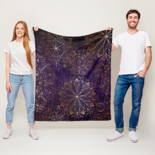 Elegant Gold and Purple Floral Mandala Pattern Fleece Blanket